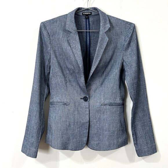 EXPRESS Blazer Womens 0 One Button Denim Look Lightweight Tailored Stretch - Picture 1 of 12